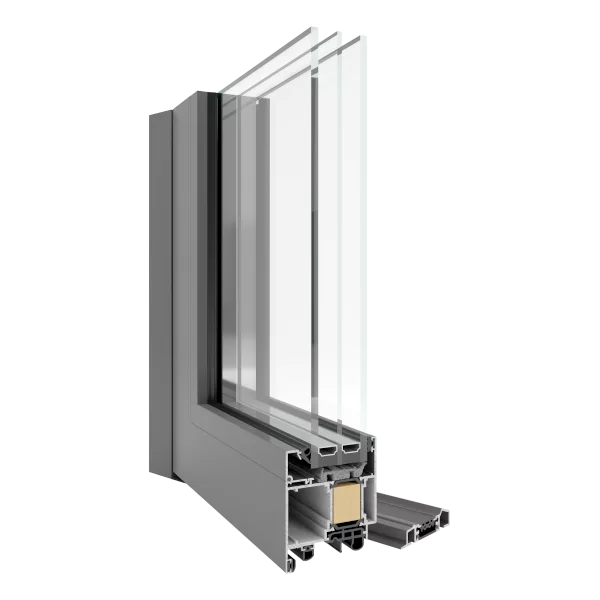 Przekrój aluminiowej ramy okiennej Yawal TM 77 HI z potrójnym pakietem szybowym, przekładką termiczną i uszczelkami, ukazujący budowę profilu.
