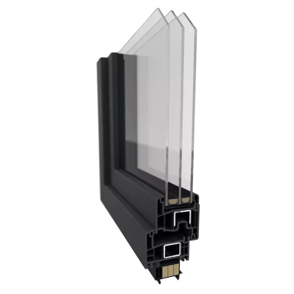 Przekrój ciemnego profilu okiennego Gealan s8000 z potrójnym pakietem szybowym, pokazujący komorową konstrukcję ramy i przekładki dystansowe.