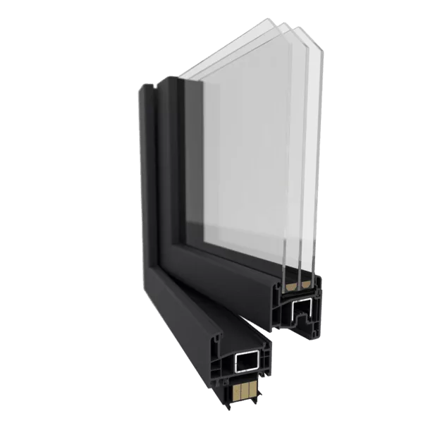 Przekrój narożny profilu Gealan 8000 z potrójnym pakietem szybowym w ciemnej ramie, ukazujący komory profilu i elementy izolacyjne.