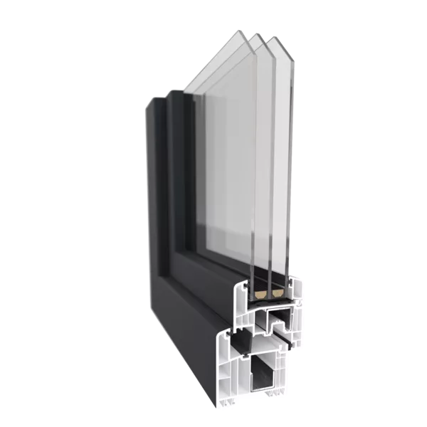 Przekrój profilu PVC Gealan S9000 z pakietem trzyszybowym i wielokomorowym profilem, z ciemną zewnętrzną okładziną.