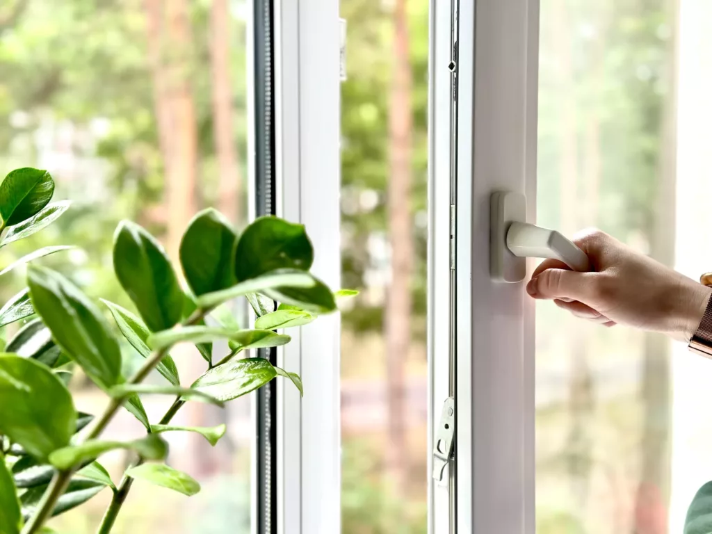 Zbliżenie na dłoń otwierającą białe okno z klamką; obok zielona roślina doniczkowa, w tle rozmyte drzewa.
