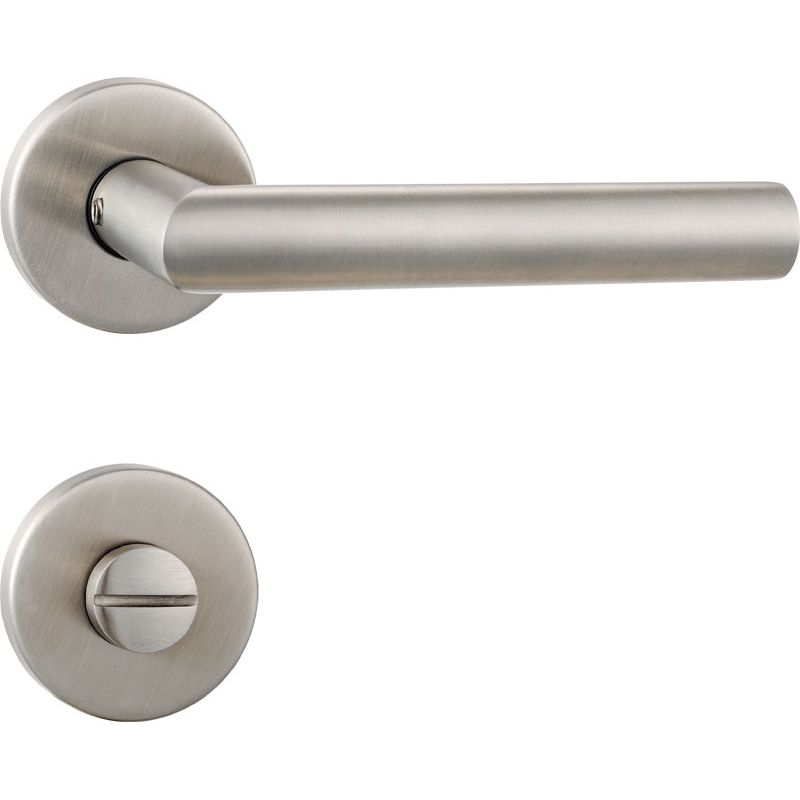 Nowoczesna, cylindryczna klamka drzwiowa z satynowej stali na okrągłej rozecie, z osobnym pokrętłem zamka poniżej.