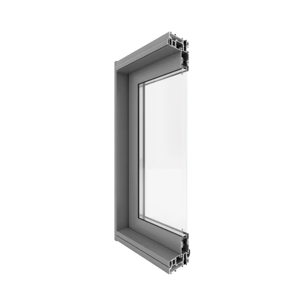 Przekrój aluminiowego profilu drzwi przesuwnych Yawal DP110 z osadzonym pakietem szybowym, widok izometryczny na szarą ramę.