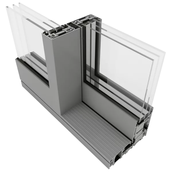 Przekrojowy render aluminiowego systemu drzwi przesuwnych Yawal DP180 Primeview z potrójnym oszkleniem, wąskimi profilami i niskoprogową prowadnicą.