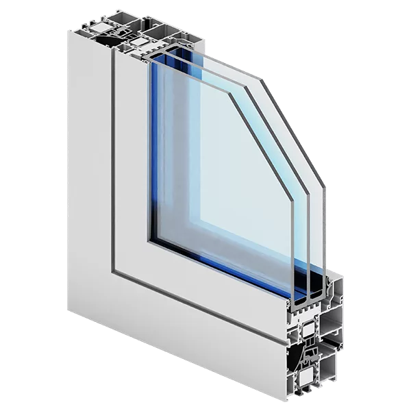 Przekrój aluminiowego profilu okiennego Aliplast Ecofutural z potrójnym pakietem szybowym o lekko niebieskim zabarwieniu i wielokomorową konstrukcją izolacyjną.