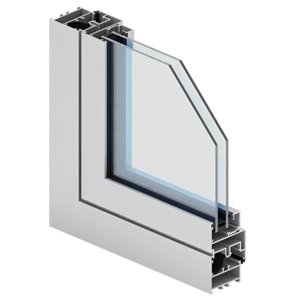 Przekrój narożnika aluminiowego profilu okiennego Aliplast Econoline z pakietem dwuszybowym, ukazujący komory profilu i uszczelnienia.
