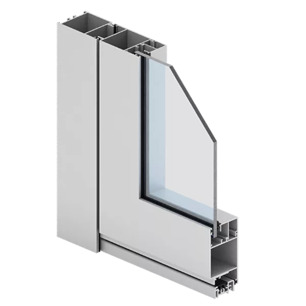 Przekrój aluminiowego profilu drzwiowego Aliplast Econoline Standart z komorową ramą, osadzoną szybą i dolnym progiem.