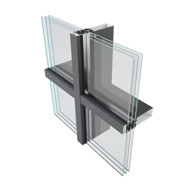 Trójwymiarowy przekrój węzła fasady słupowo‑ryglowej Yawal FA50N: skrzyżowanie pionowego słupa i poziomego rygla z wielowarstwowymi panelami szklanymi osadzonymi w aluminiowych profilach.