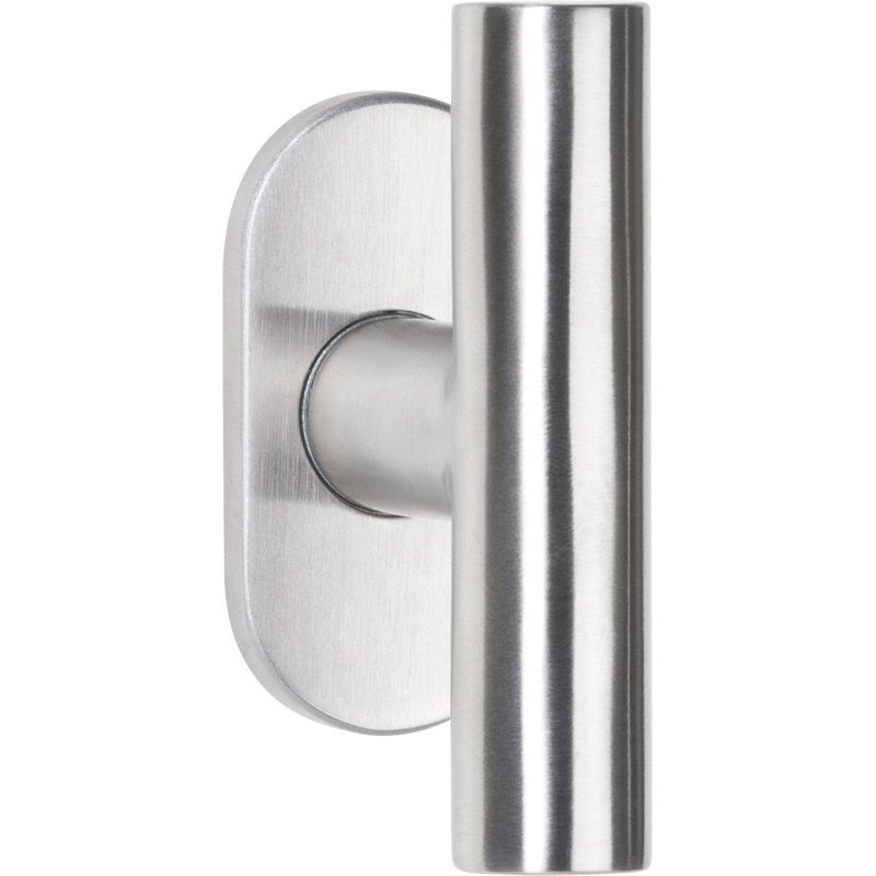 Szczotkowany stalowy uchwyt w kształcie pionowego T-baru na owalnej płytce montażowej.