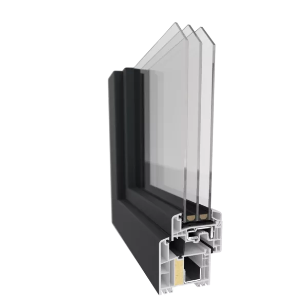Przekrój profilu okiennego Gealan S9000 z potrójnym pakietem szybowym, z czarno-białą ramą z tworzywa, ukazujący komory i uszczelki.