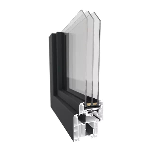 Przekrój profilu okiennego Gealan S9000: potrójny pakiet szybowy w wielokomorowej ramie PVC z ciemną zewnętrzną okładziną, widoczne uszczelki i przekładka dystansowa.