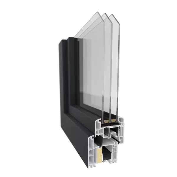 Przekrój narożny profilu okiennego PVC Gealan S9000 z potrójnym pakietem szybowym, wielokomorowym profilem i ciemną okleiną, pokazujący uszczelki oraz przekładki termiczne.
