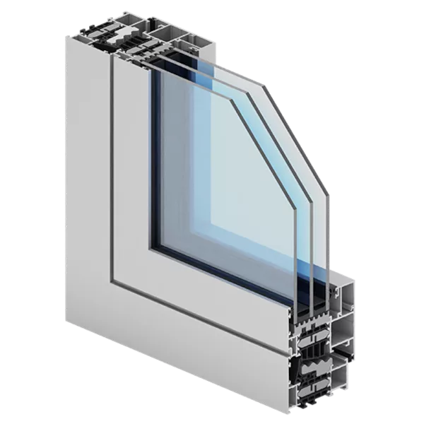 Przekrój profilu aluminiowego okiennego Aliplast Genesis 75 z potrójnym pakietem szybowym, uszczelkami i przekładką termiczną.