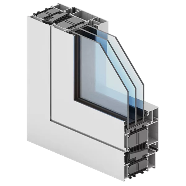 Przekrój narożny aluminiowego profilu okiennego Aliplast Genesis 90 z potrójną szybą zespoloną, pokazujący komory i przekładki termiczne w ramie.