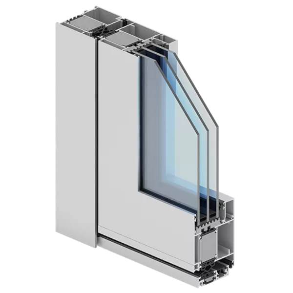 Przekrój aluminiowego profilu drzwiowego Aliplast Genesis 75 z potrójnym pakietem szybowym i niskim progiem.