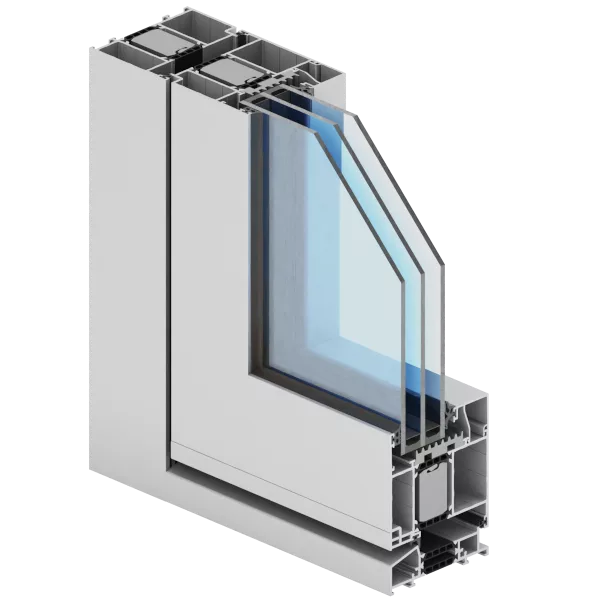 Przekrój narożny aluminiowego profilu drzwiowego Aliplast Star z potrójną szybą zespoloną i wielokomorową konstrukcją z przekładką termiczną.