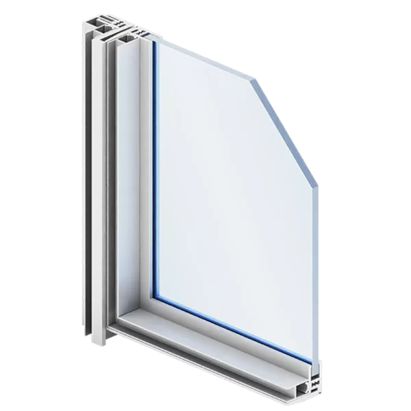 Przekrój białego profilu okiennego Aliplast Ideal z pakietem szybowym, w niestandardowym kształcie z ukośnym górnym narożnikiem.