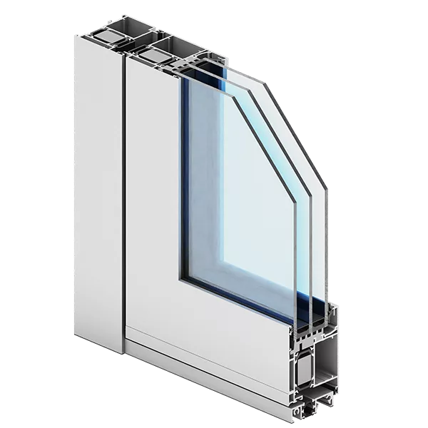 Przekrój aluminiowego profilu drzwiowego Aliplast Imperial 800 z potrójnym pakietem szybowym i komorową ramą, pokazujący warstwy szkła i uszczelnień.