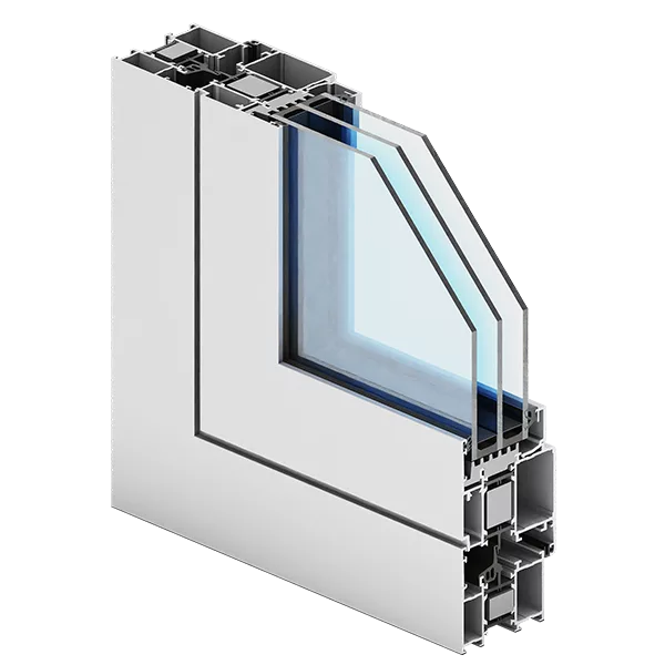 Przekrój narożnika aluminiowego profilu okienno‑drzwiowego Aliplast Imperial Plus z potrójnym pakietem szybowym, ukazujący komorową konstrukcję ramy i elementy izolacji termicznej.