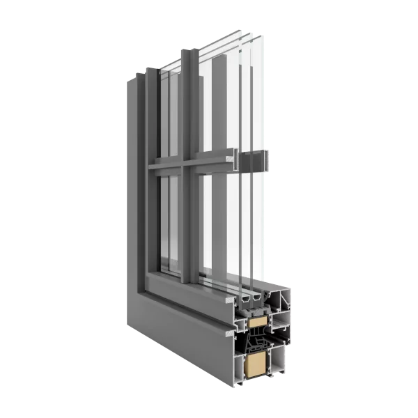 Przekrój aluminiowego okna Yawal Industrial z potrójnym pakietem szybowym, widocznymi szprosami oraz przekładkami termicznymi i uszczelkami profilu.