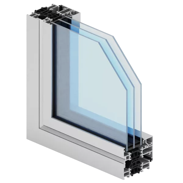 Przekrój narożny aluminiowego profilu okiennego Aliplast Max Light Modern z potrójnym pakietem szybowym, pokazujący profil i komory izolacyjne.