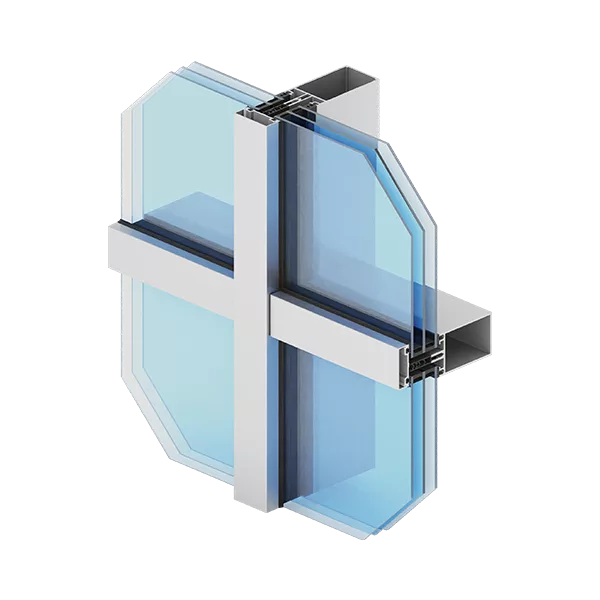 Przekrój 3D fasady słupowo‑ryglowej Aliplast MC Wall: aluminiowy słup i rygiel tworzą krzyż, a w profilu osadzona jest niebieska szyba zespolona z widocznymi elementami mocującymi.