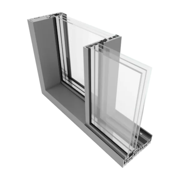 Przekrój aluminiowego systemu przesuwnych drzwi Yawal Moreview z wielotorową prowadnicą i kilkoma szybami zespolonymi.