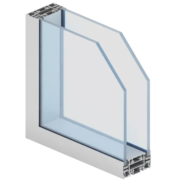 Przekrój 3D aluminiowego profilu okiennego Aliplast Office z dwuszybowym (jednokomorowym) pakietem szybowym i widocznymi komorami profilu.