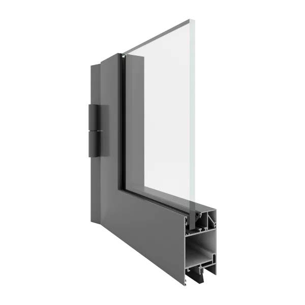 Przekrój narożny aluminiowych drzwi przeszklonych Yawal PBI 50N – szary profil z zawiasem, komorową ramą i osadzoną szybą, na białym tle.