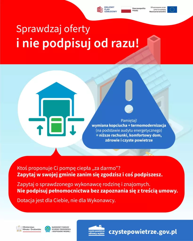 Plakat programu Czyste Powietrze: „Sprawdzaj oferty i nie podpisuj od razu” – przy propozycji „darmowej” pompy ciepła skonsultuj się w gminie, wybierz sprawdzonego wykonawcę i nie podpisuj pełnomocnictwa bez lektury umowy; modernizacja po audycie to niższe rachunki, komfortowy dom i czystsze powietrze; czystepowietrze.gov.pl.