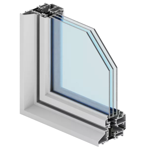 Przekrój narożny nowoczesnego profilu okiennego Aliplast Steel Look z pakietem trzyszybowym w wielokomorowym profilu, pokazujący warstwy szyb, uszczelki i komory izolacyjne ramy.