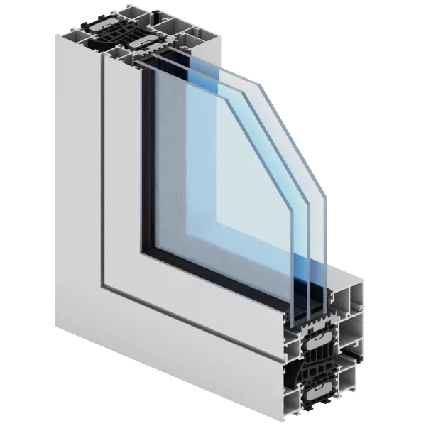 Przekrój narożny aluminiowego profilu okiennego Aliplast Star z potrójnym pakietem szybowym, widoczne komory i elementy termoizolacyjne.