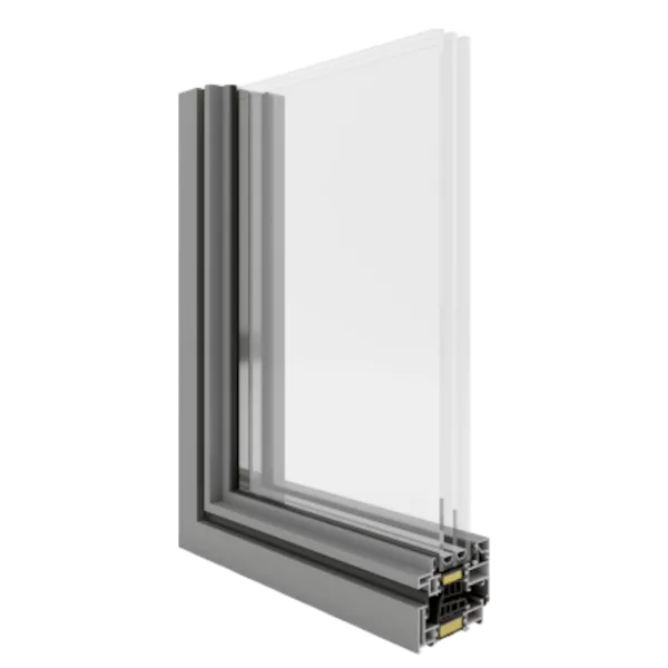 Przekrój narożny aluminiowego profilu okiennego Yawal Steelview z potrójnym pakietem szybowym i przekładką termiczną.