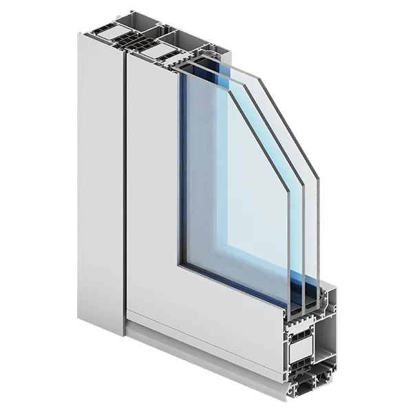 Przekrój profilu aluminiowego drzwiowego Aliplast Superial z potrójnym pakietem szybowym, ukazujący komorową ramę z przekładką termiczną i uszczelkami.