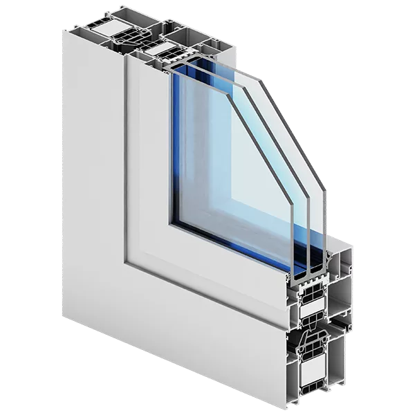 Wizualizacja 3D przekroju narożnego aluminiowego profilu okiennego Aliplast Superial Plus z potrójnym pakietem szybowym, na białym tle.