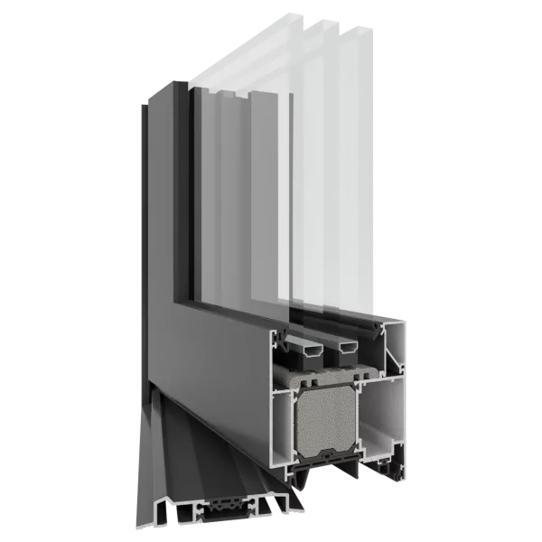 Przekrój aluminiowego profilu okiennego Yawal TM 102 z potrójnym pakietem szybowym i przekładką termiczną, ukazujący komory oraz uszczelki.
