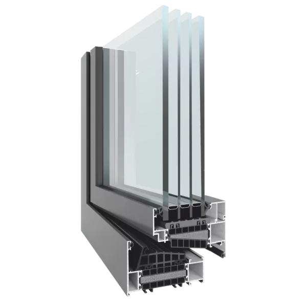 Przekrój aluminiowego profilu okiennego Yawal TM 102 z czteroszybowym pakietem szybowym i przekładką termiczną, pokazujący komory, uszczelki i warstwy izolacyjne.