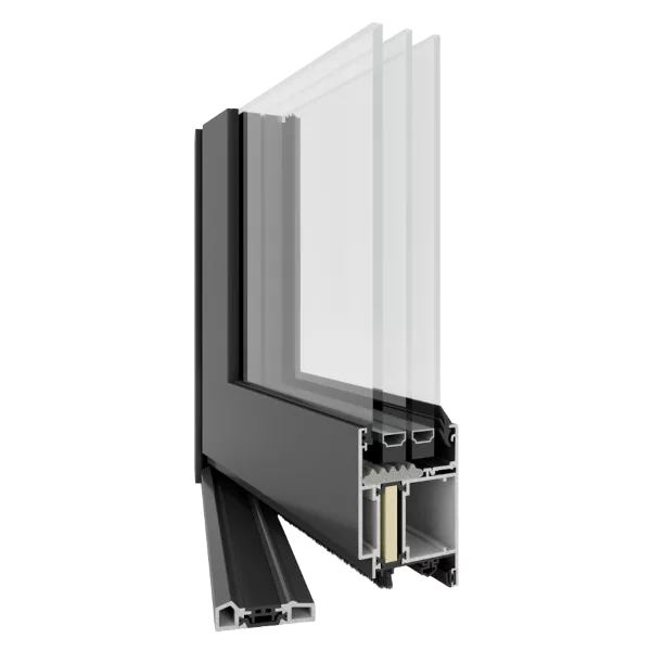 Przekrój aluminiowej profilu drzwiowego Yawal TM 62 w kolorze antracytowym z potrójnym pakietem szybowym, przekładką termiczną i uszczelkami.