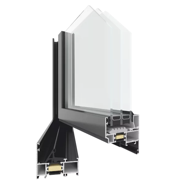 Przekrój narożny aluminiowego okna Yawal TM62 HI z pakietem trzyszybowym i przekładkami termicznymi w profilu.