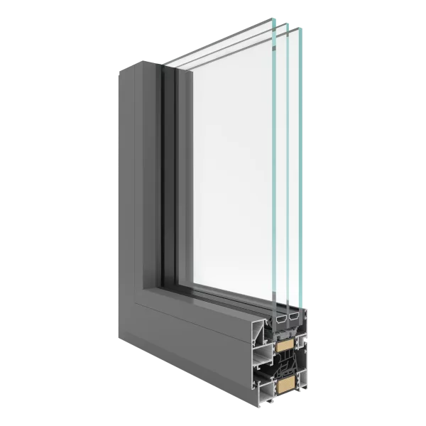 Przekrój narożny aluminiowego profilu okiennego Yawal TM 77 z potrójnym pakietem szybowym, widoczną przekładką termiczną i uszczelkami.