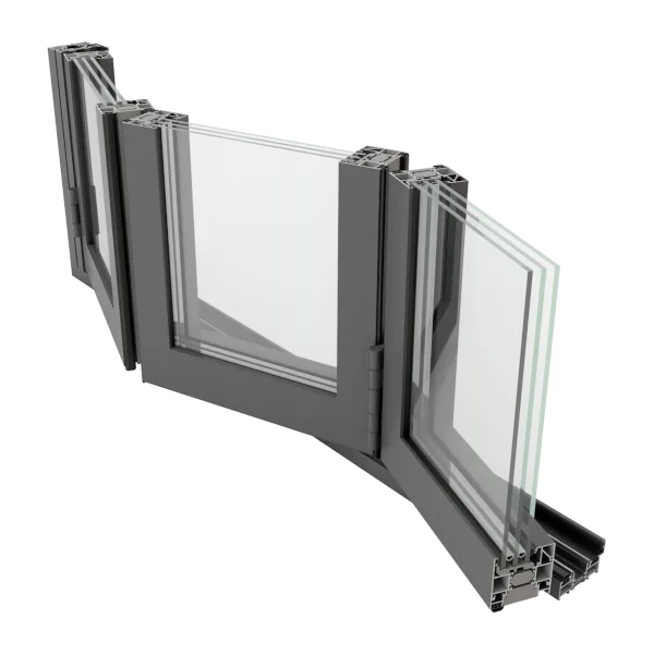 Render aluminiowego, harmonijkowe systemu przesuwnego Yawal TM 77 Bifold z kilkoma przesuwanymi panelami i potrójnym oszkleniem.