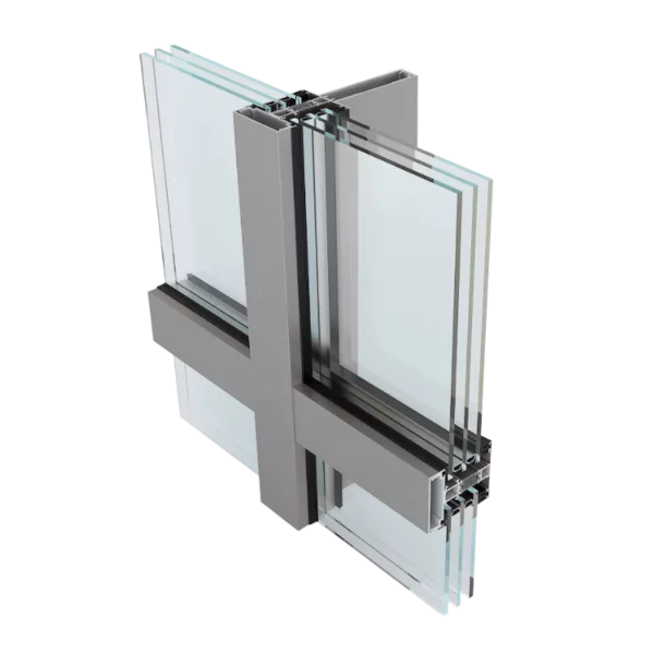 Izometryczny przekrój aluminiowego systemu fasady słupowo‑ryglowej Yawal TM 82 W, z pionowym słupem i poziomym ryglem mocującymi pakiety szyb zespolonych.