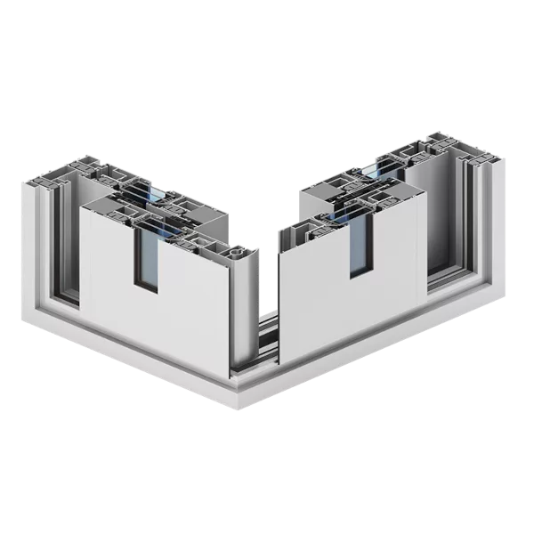 Narożny przekrój aluminiowego systemu drzwi przesuwnych Aliplast Ultraglide: wielokomorowe profile z prowadnicami i przekładkami termicznymi, ukazujące konstrukcję ramy.