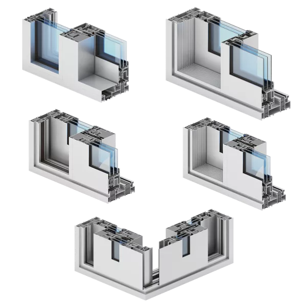 Pięć renderów 3D przekrojów aluminiowego systemu przesuwnych drzwi tarasowych Aliplast Ultraglide z pakietami szybowymi, pokazanych w różnych konfiguracjach, w tym wariancie narożnym.