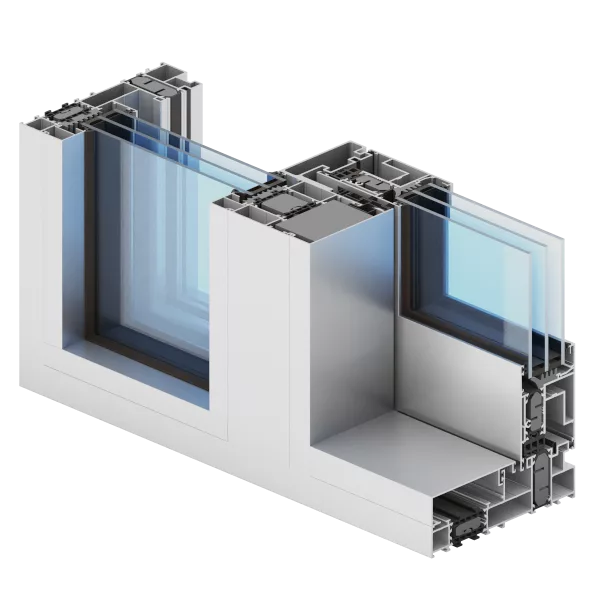 Przekrój aluminiowego systemu okienno‑drzwiowego przesuwnego Aliplast Ultraglide monorail z pakietem szyb zespolonych, ukazujący wielokomorową ramę i niski próg.
