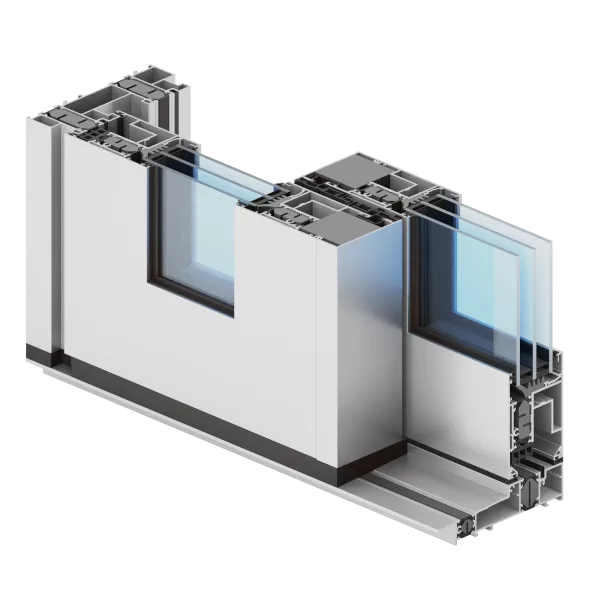 Przekrojowy render aluminiowego systemu drzwi przesuwnych Aliplast Ultraglide niski próg, ukazujący ramę z przekładkami termicznymi, niski próg z prowadnicą oraz pakiet szybowy w skrzydłach.