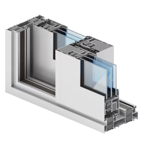Przekrój aluminiowego systemu drzwi przesuwnych Aliplast Ultraglide Thermo z dwoma skrzydłami w wąskich profilach, pakietami szybowymi i podwójną szyną jezdną.