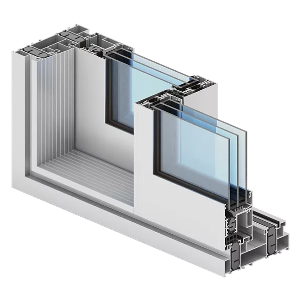 Przekrój 3D aluminiowego systemu drzwi przesuwnych Aliplast Ultraglide: dwie tafle szkła w ruchomych skrzydłach, niskoprogowa prowadnica i wielokomorowy profil z uszczelkami.