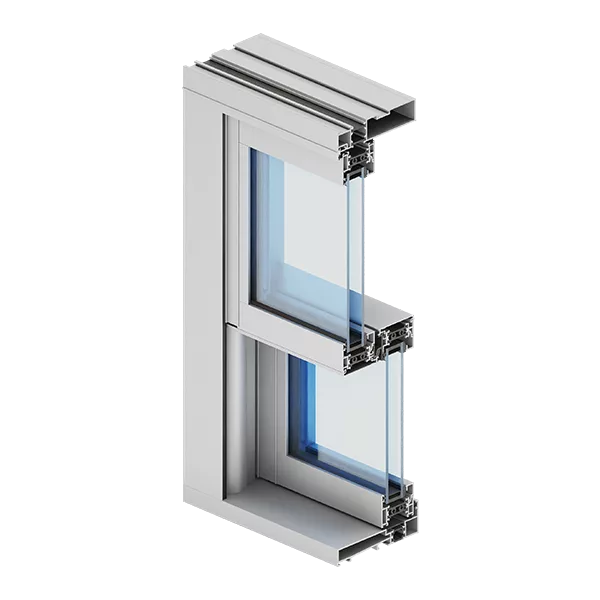 Przekrój profilu okna aluminiowego Aliplast VS600: system przesuwny z dwoma skrzydłami na prowadnicach i podwójnymi szybami zespolonymi.