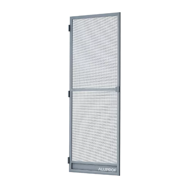 Szara moskitiera drzwiowa ALUPROF z aluminiową ramą i drobną siatką na zawiasach.
